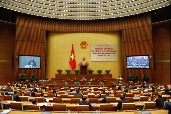 Hội nghị toàn quốc triển khai công tác bầu cử đại biểu Quốc hội khoá 14 và đại biểu HĐND các cấp nhiệm kỳ 2021 - 2026 được tổ chức theo hình thức trực tuyến 